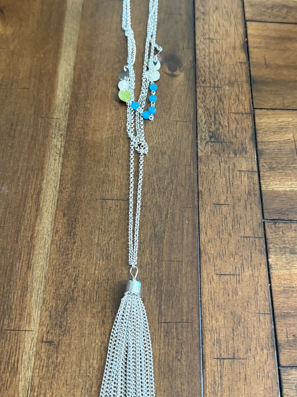 paparazzi Silver Tassel Necklace with Blue and Lime Bead Accents
